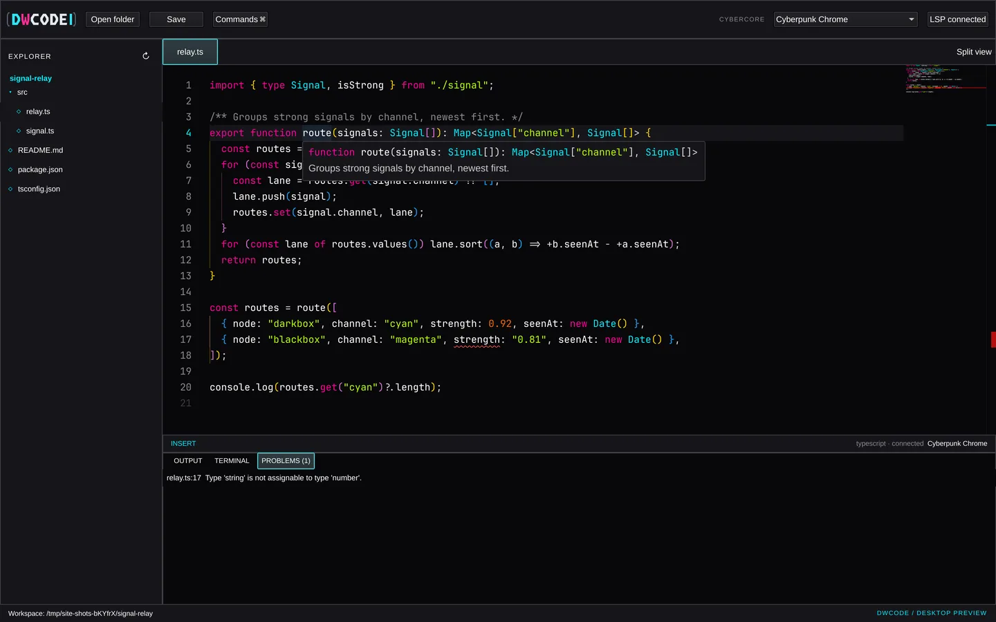 DWCode editing relay.ts: a language-server hover shows the route() signature, a type error is underlined, and the problems panel lists it.